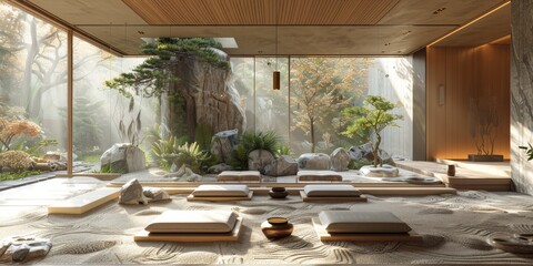 Fototapeta premium View from interior with zen inspired style inside on japanese garden house.