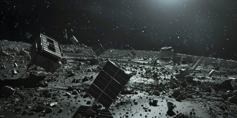 A space scene with a lot of debris and a broken satellite
