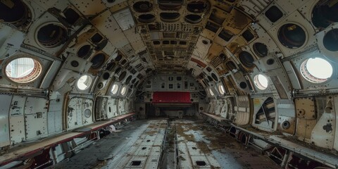 The inside of an airplane is empty and has a lot of holes in it
