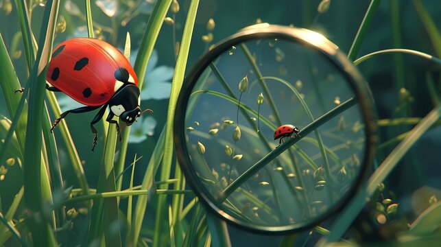 The character peers through a magnifying glass at a tiny ladybug crawling on a blade of grass.