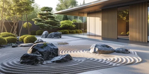 Tuinposter A Japanese Zen garden with a large house in the background © kiimoshi