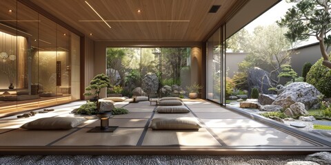 Fototapeta premium View from interior with zen inspired style inside on japanese garden house.