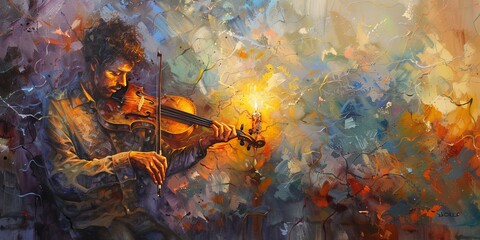 A man playing a violin in a colorful painting