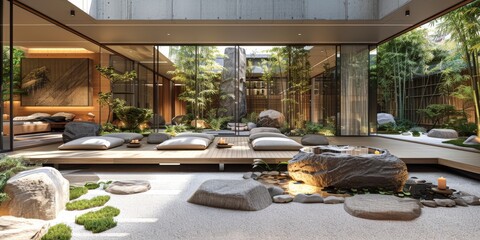 Fototapeta premium View from interior with zen inspired style inside on japanese garden house.