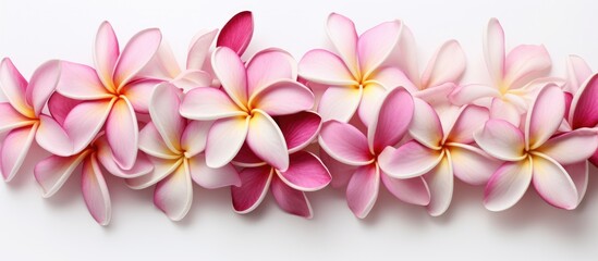 A cluster of plumeria flowers in shades of white and pink arranged neatly on a clean, white background. The delicate petals and vibrant colors create a visually appealing composition with a subtle