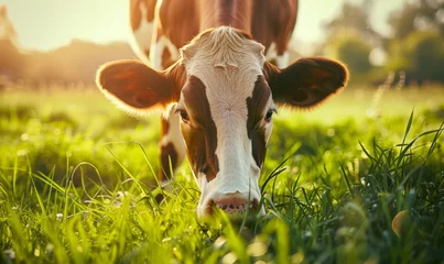 Foto op Canvas Organic farming with a photograph of a dairy cow grazing contentedly in a field of vibrant green grass © AlfaSmart