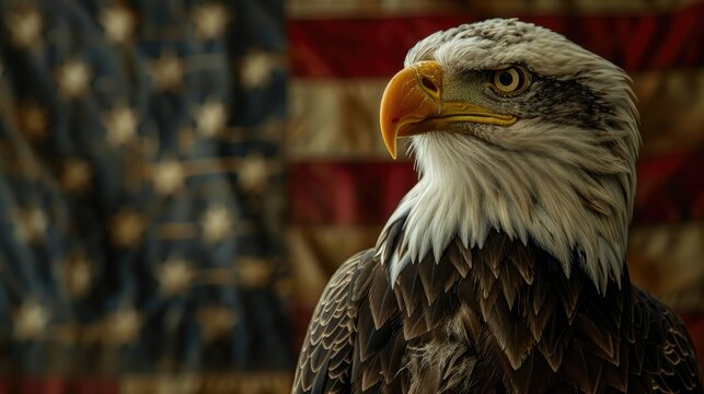 Majestic bald eagle perched on American flag during Fourth of July parade. Iconic symbol of freedom and patriotism in the United States. Concept of national pride and celebration.