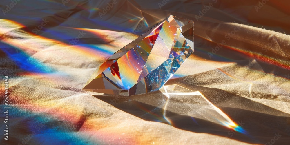 Poster a crystal is on a table with a rainbow in the background
