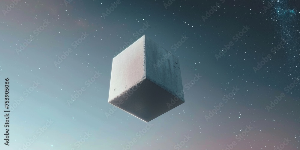 Poster a cube is floating in space above a starry sky