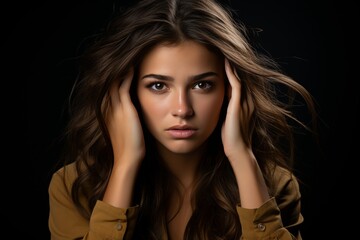 Fototapeta premium Young woman suffering from headache, feeling stressed and desperate with face covered in hands
