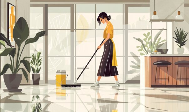 Illustrations of woman peacefully mopping the floor surrounded by potted plants and sunlight