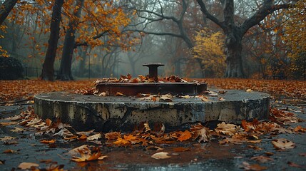 An old abandoned fountain in the middle of the street in the fall. - obrazy, fototapety, plakaty