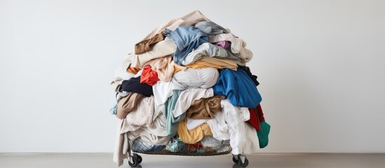 A pile of various garments is neatly stacked on top of a small cart, placed on a dolly positioned in front of a washing machine. The scene is set against a white backdrop.
