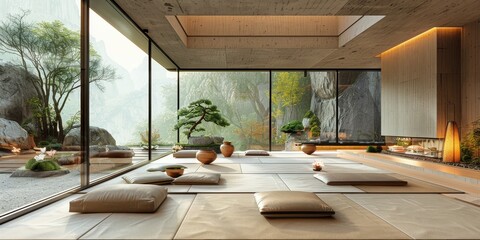 Fototapeta premium View from interior with zen inspired style inside on japanese garden house.