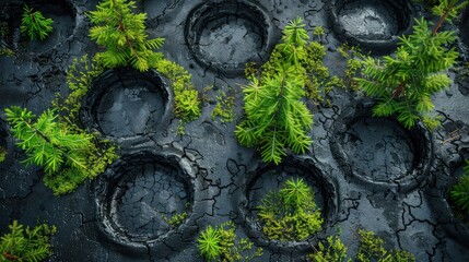 View of holes in a minefield, impact of environmental damage.