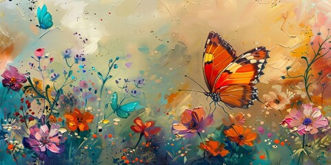 A painting of a butterfly in a field of flowers