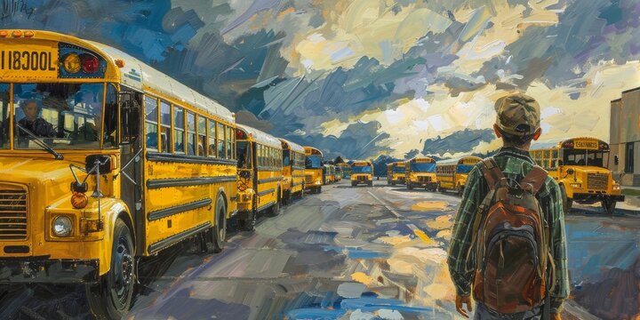 A painting of a school bus line with a boy walking in the background