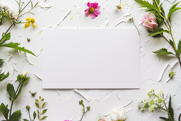 A pure white rectangle and flower stem are placed on a white background. Abstract message board concept with mockup. - obrazy, fototapety, plakaty