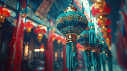 Features rows of hanging Chinese lanterns all in red and blue with golden accent.