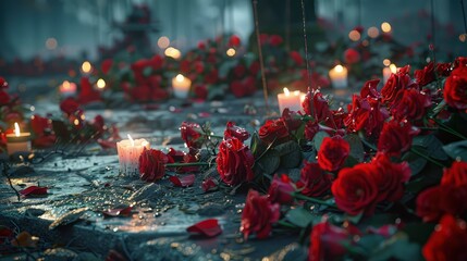 Remembrance background of candles and red roses on the floor - obrazy, fototapety, plakaty
