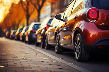 Tuinposter Many cars parked on the autumn city street, with a blurry urban background, transportation concept © Nikolai