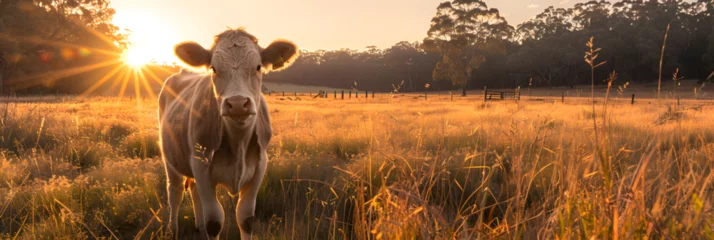 Foto op Plexiglas  Light-Colored Cow in Paddock with Lens Light Flare , Fluffy cow in beautiful plain field © David