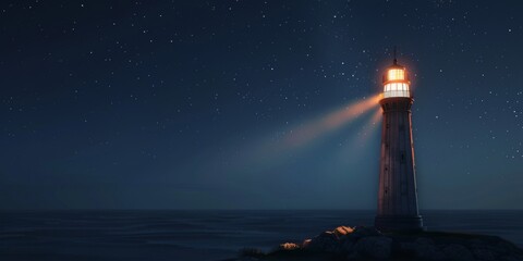 A lighthouse is lit up in the night sky