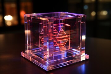 Neon purple 3d cube with triangles inside, cutting-edge future technologies on blurred background