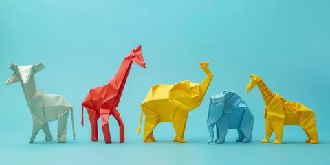 Deurstickers A group of paper animals, including a giraffe, elephant, and rhino © kiimoshi