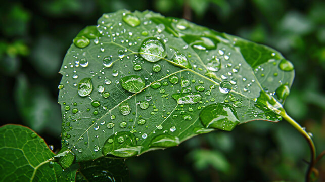 Green leaf with reflective raindrops green chloral