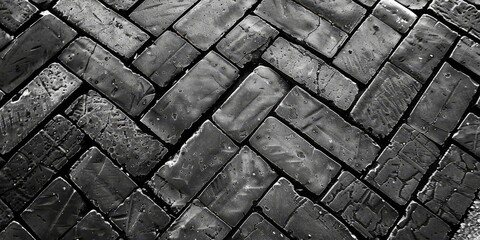 A black and white photo of a brick sidewalk with a watermark that reads 