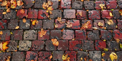 A brick wall covered in leaves and debris
