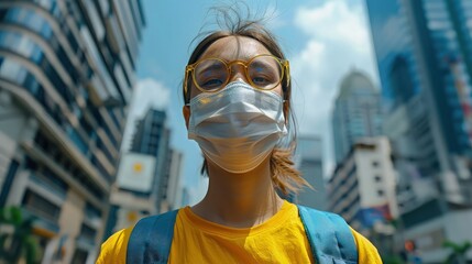 Environmental Awareness. Woman Wearing Mask for Air Pollution Campaign