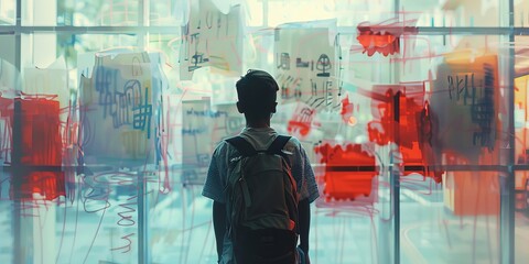 A man stands in front of a wall of drawings - Powered by Adobe