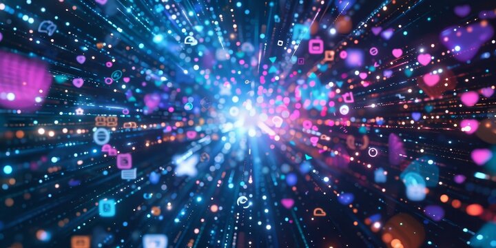 A colorful, swirling galaxy of icons and symbols, including hearts, stars - Powered by Adobe