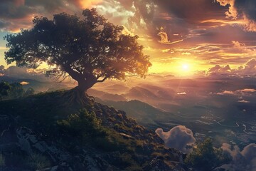 sunset over the mountains with huge tree in background