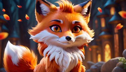 An orange fox with white fur around its neck, big eyes and long eyelashes stands in front of a castle's entrance