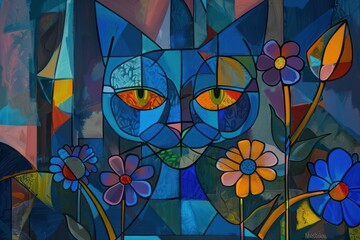 cat with yellow eyes on colorful background
