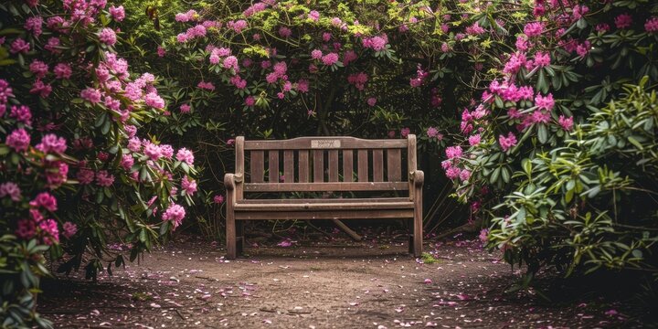 A wooden bench is sitting in a garden with pink flowers