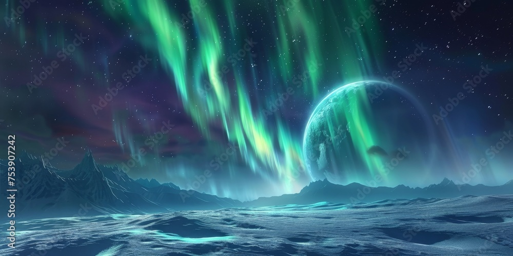 Poster a beautiful and serene image of a planet with a glowing aurora in the background
