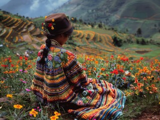 A girl in a field full of flower. Colorful photo
