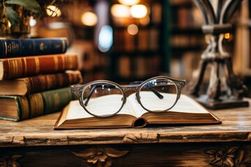 vision glasses on an open book in vintage bookstore or library