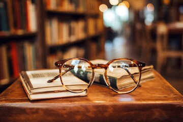 vision glasses on an open book in vintage bookstore or library