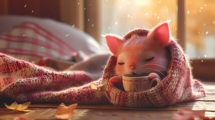Nestled in a cozy blanket, the cute character sips from a tiny cup of tea, its pinky finger sticking out in a dainty manner. - obrazy, fototapety, plakaty