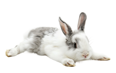 Lithe White and Gray Rabbit in Stretching Stance Isolated on Transparent Background PNG.