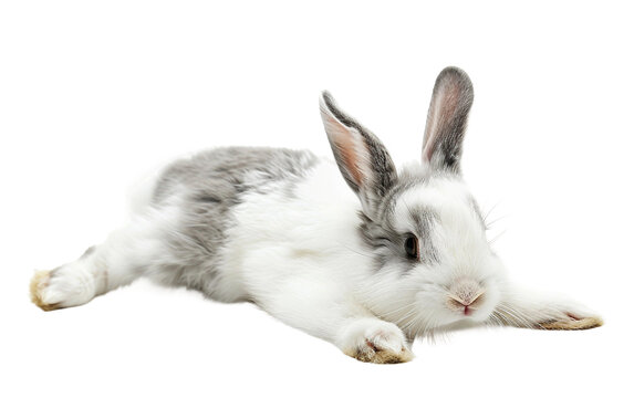 Lithe White and Gray Rabbit in Stretching Stance Isolated on Transparent Background PNG.
