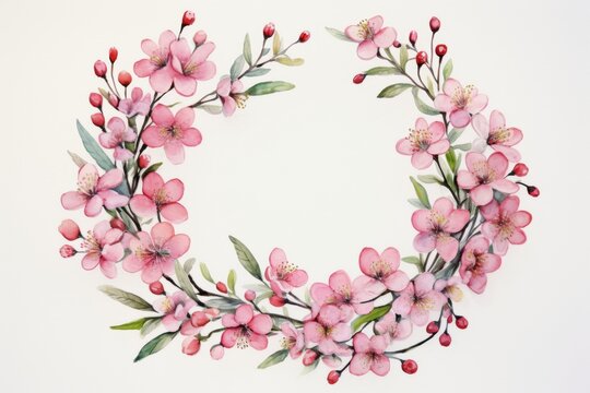 pink waxflower floral wreath watercolor illustration isolated on white copy space center. Photoshoot service gift voucher, flyer, wedding invitation template. 