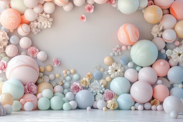 large balloon wall in an empty room with flowers