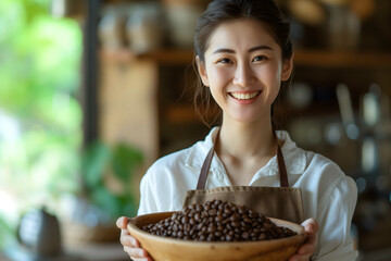 Asian women barista. A smiling Asian barista in an apron holds a bowl of fresh, aromatic coffee beans, ready for brewing in a rustic café setting.