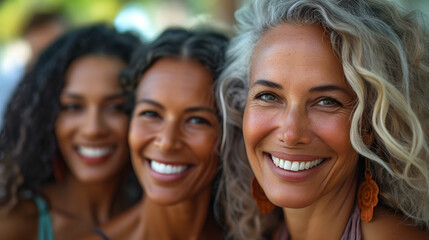 A close-up portrait of three multiethnic of middle-aged women sharing a moment of laughter, exemplifying strong female relationships and joyous companionship. - obrazy, fototapety, plakaty